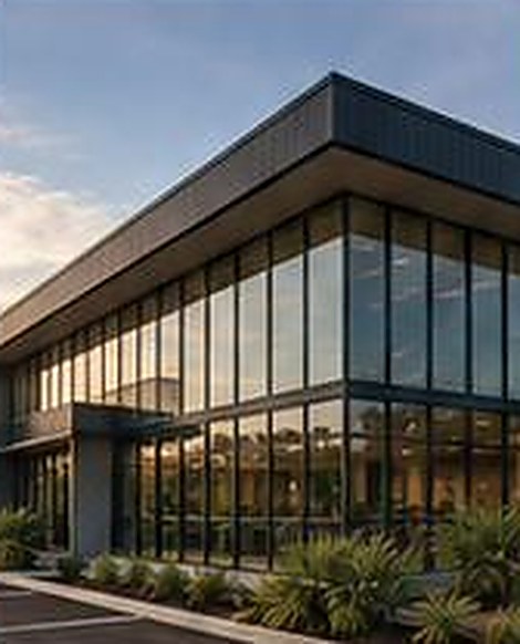 Modern two-storey commercial office building with full-height glazing